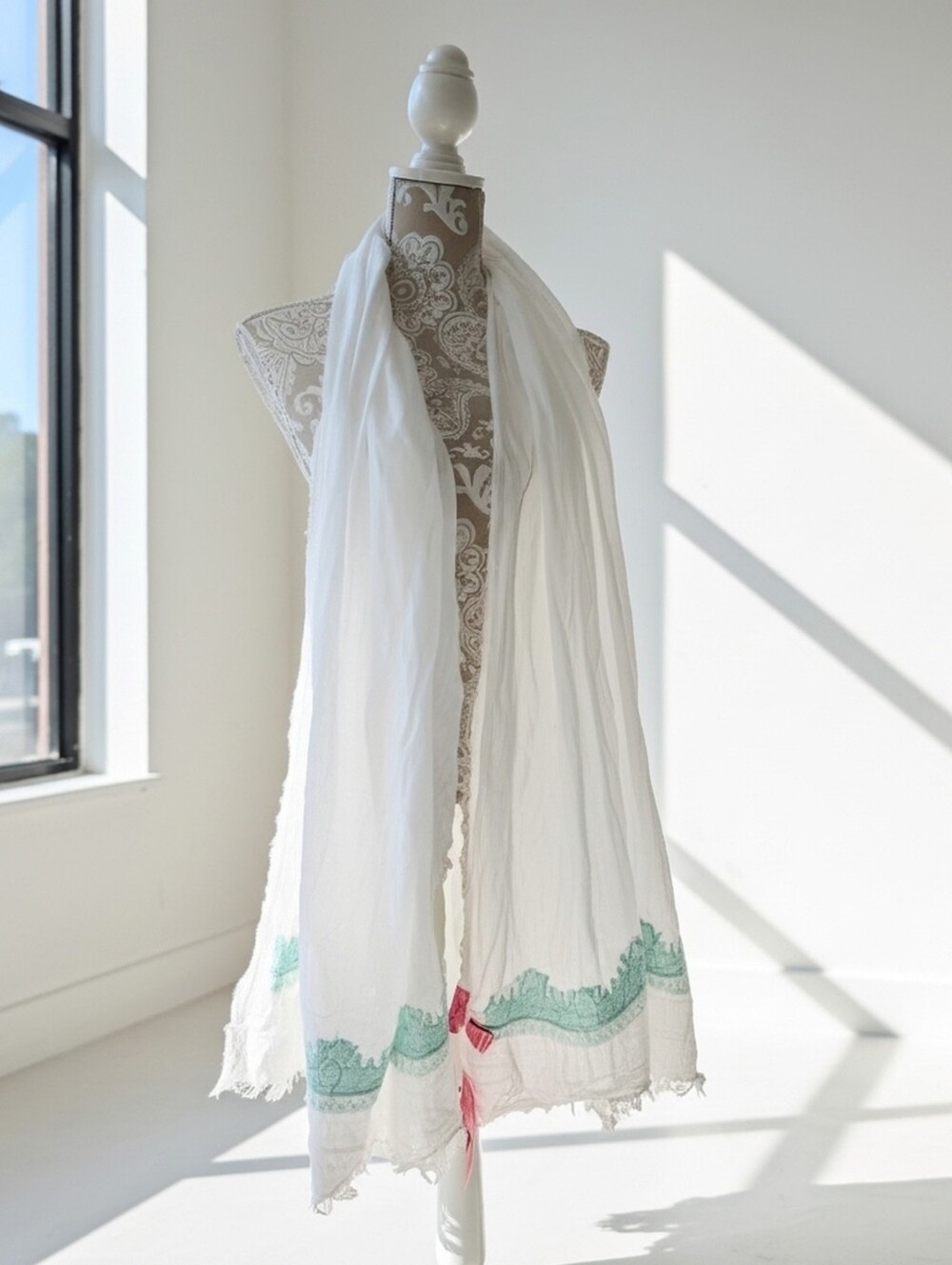 Betsey Johnson White Scarf/Wrap With Mint Green Embroidery